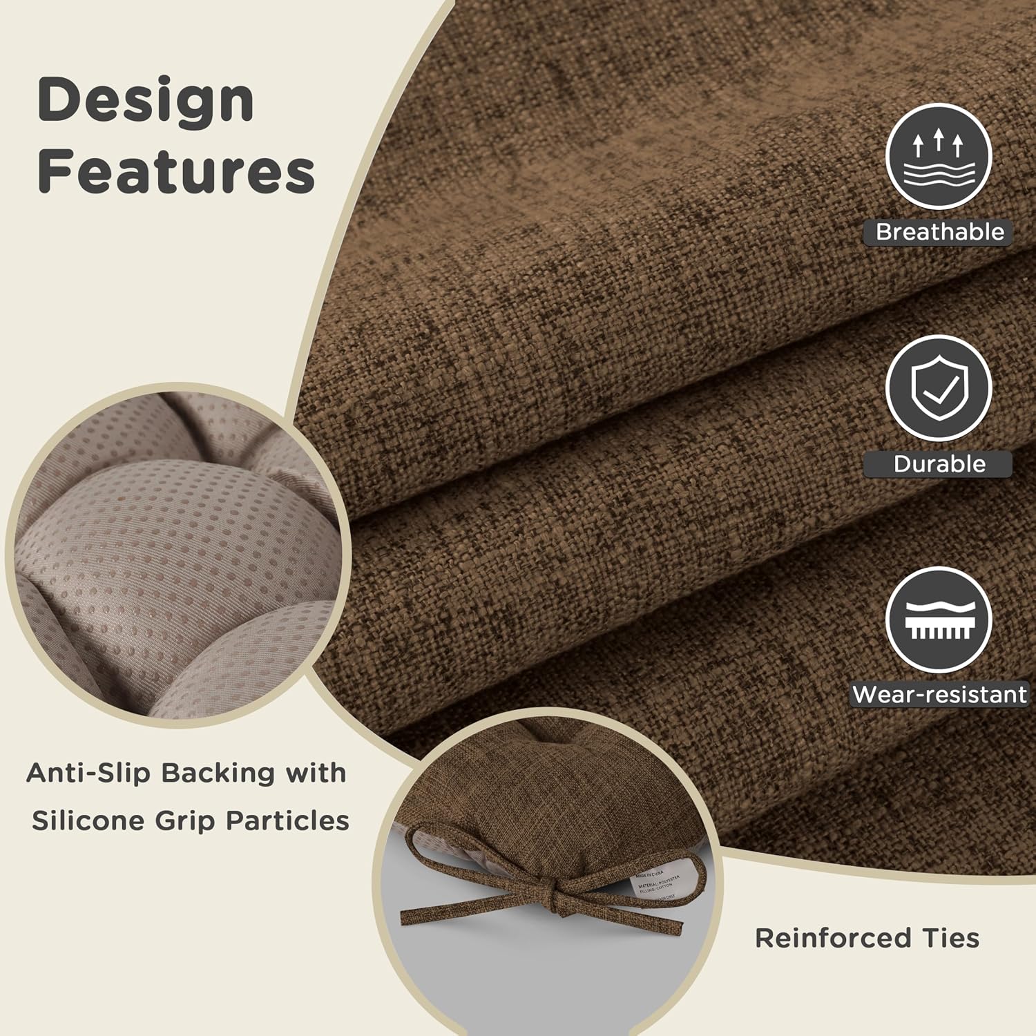 AddGrace Non-Slip Kitchen Chair Cushions Set of 2, D-Shape Dining Chair Pads with Ties, Tufted Seat Cushions for Kitchen and Dining Room, 18 x 16.5 x 3 inch (46 x 42 x 7.6 cm), Brown
