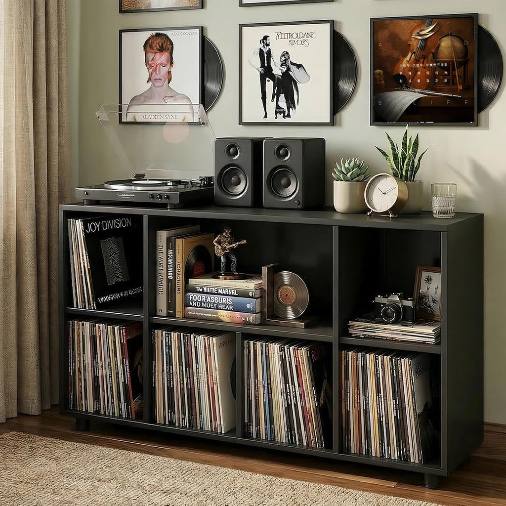 Record Player Stand with Charging Station, Black | Vinyl Record Storage Cabinet, Holds Up to 500+ Albums, Turntable Stand with Large Tabletop for Living Room Music Room Studio