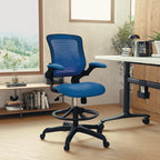 Flash Furniture Kale Mid-Back Blue Mesh Ergonomic Drafting Chair | Adjustable Foot Ring, Flip-Up Arms