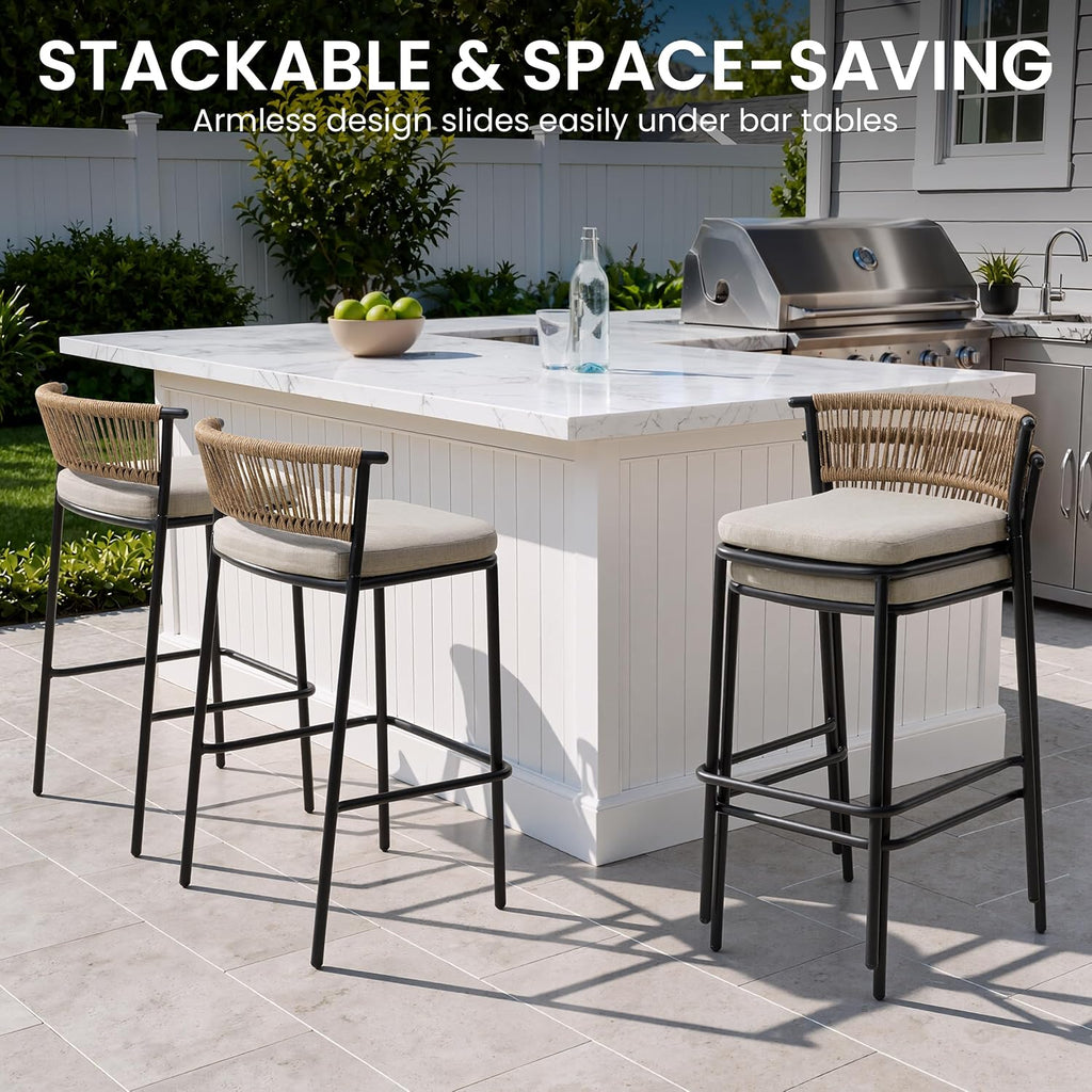 Crestlive Products Outdoor Bar Stools Set of 4, 26" Counter Height Stackable Modern Patio Bar Chairs with Rattan Back, for Garden Deck Pool Backyard