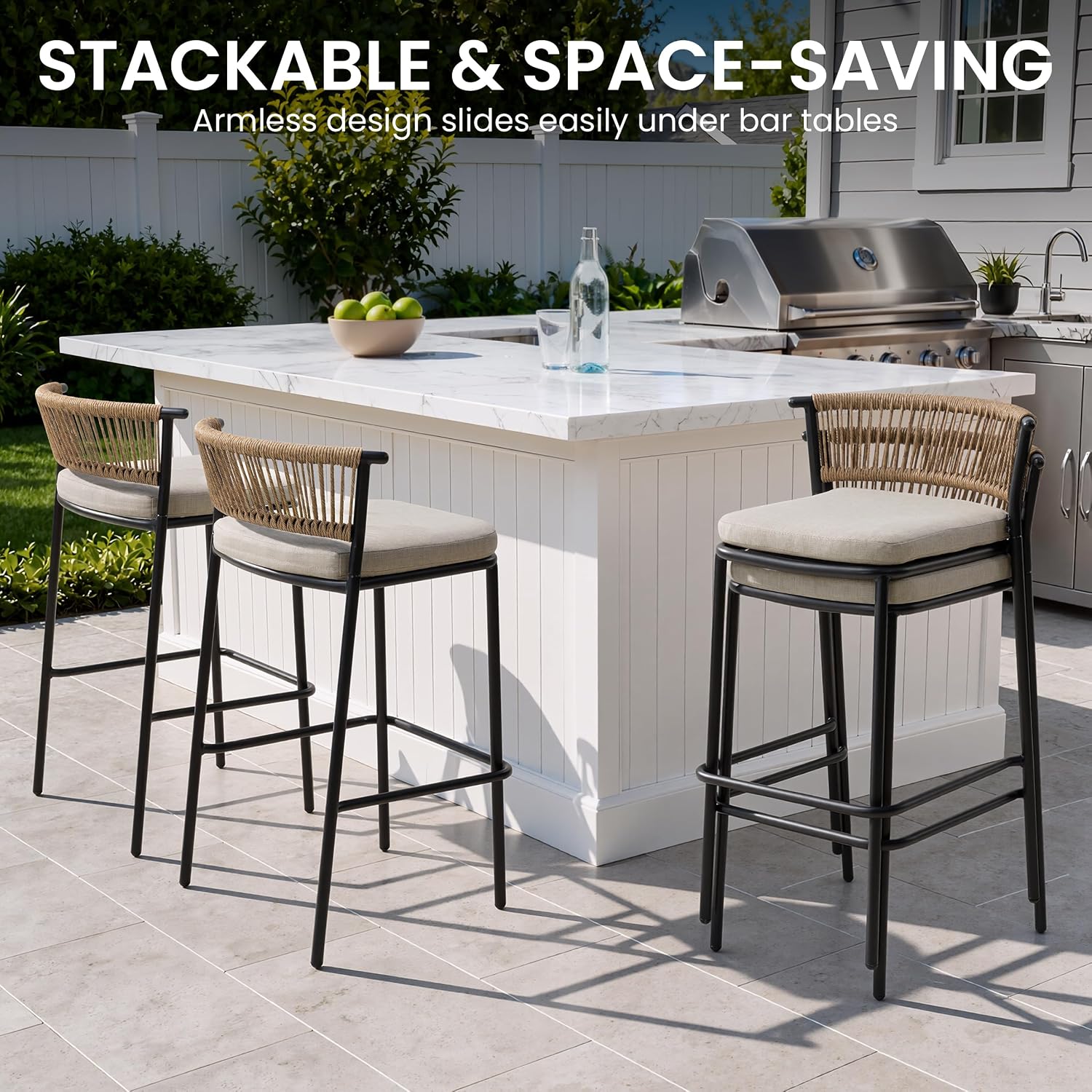 Crestlive Products Outdoor Bar Stools Set of 4, 26" Counter Height Stackable Modern Patio Bar Chairs with Rattan Back, for Garden Deck Pool Backyard