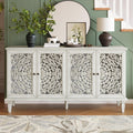 Vintage Sideboard Buffet Table Accent Credenza Storage Cabinet with 4 Hollow Carving Doors Adjustable Shelves Wood Legs for Kitchen Dining Living Room Entryway 60 Inch Antique White
