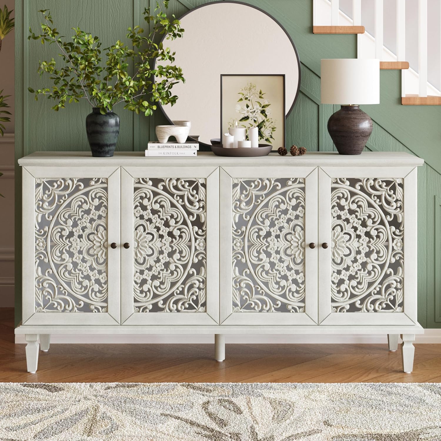 Vintage Sideboard Buffet Table Accent Credenza Storage Cabinet with 4 Hollow Carving Doors Adjustable Shelves Wood Legs for Kitchen Dining Living Room Entryway 60 Inch Antique White
