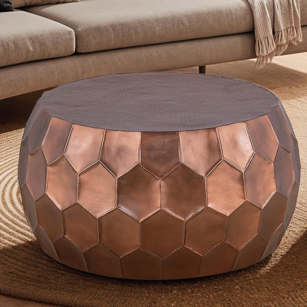 Round Aluminum Material 32" Coffee Table and 21" Height End Table Set 2PC Tables with Glossy Diamond Patterned Base Copper