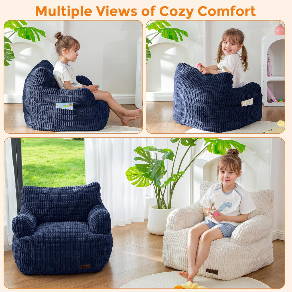 MAXYOYO Bean Bag Chair for Kids, Toddler Bean Bag Sofa with Armrest, Comfy Lazy Chair with Convenient Pockets, Floor Sofa with Filler for Gaming, Reading, Navy