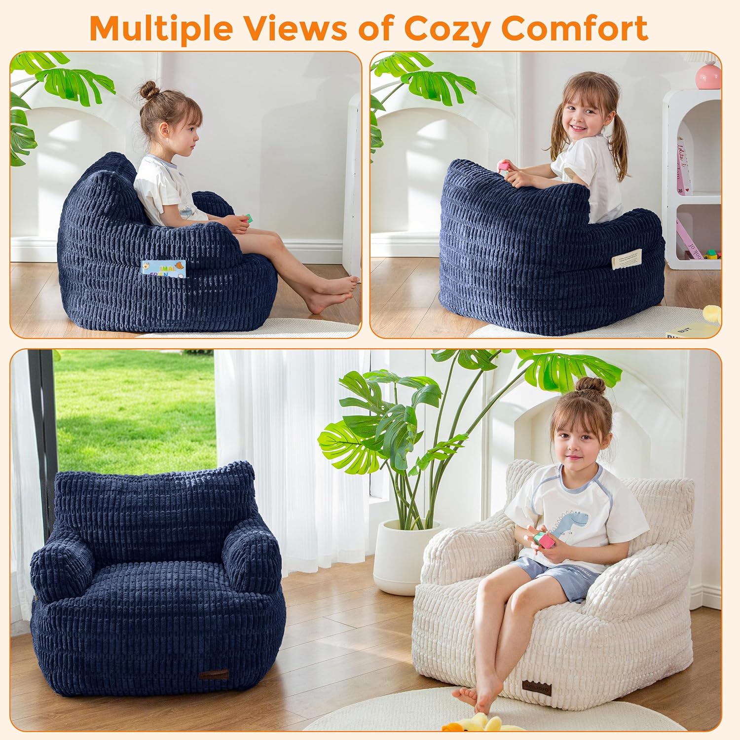 MAXYOYO Bean Bag Chair for Kids, Toddler Bean Bag Sofa with Armrest, Comfy Lazy Chair with Convenient Pockets, Floor Sofa with Filler for Gaming, Reading, Navy