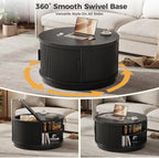 LIKIMIO Round Coffee Table with Storage, 360° Rotating Fluted Rattan Coffee Table for Living Room, 31.5" Modern Center Table with Sliding Cabinet Doors for Small Space, Office, Black