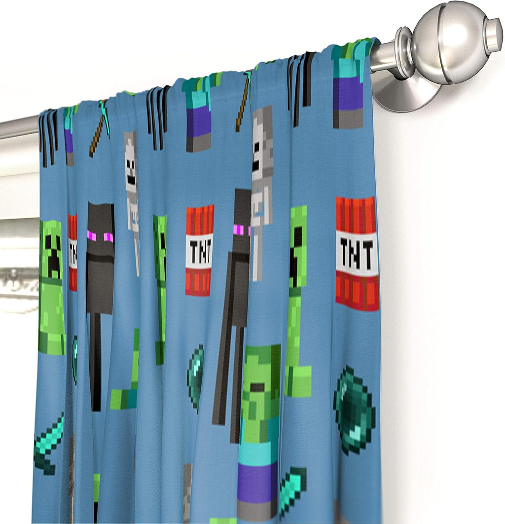 Jay Franco Kids Window Drapes - 4 Piece Curtain Set Includes 2 Tiebacks, Beautiful Bedding Room Décor and Easy Set Up, Blue - Minecraft, 84 Inch