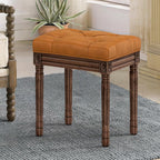 LUE BONA Upholstered Fabric Vanity Bench Seat, Makeup Stools for Vanity, Square Tufted Ottoman Bench with Carved Dark Brown Color Legs for Bedroom Living Room, Whiskey Brown