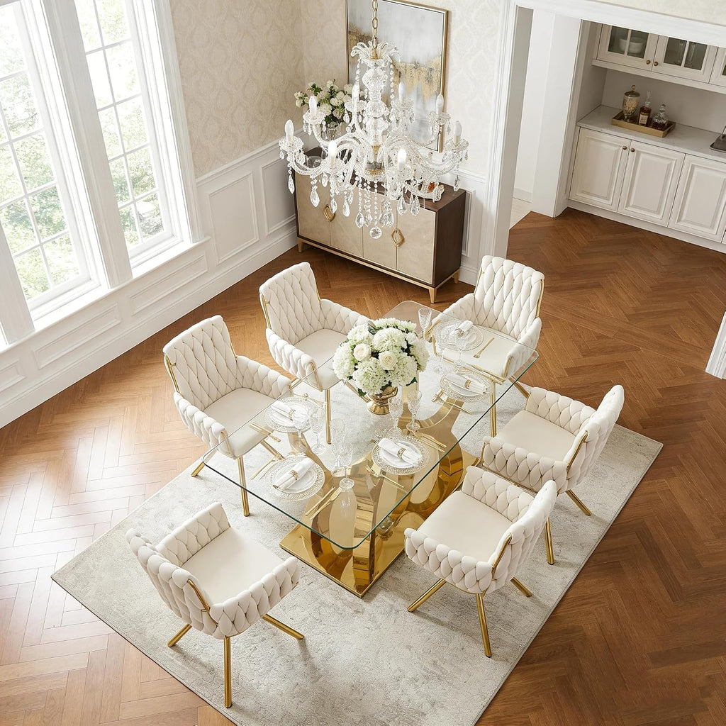 69" Rectangle Glass Dining Table Set for 6, Modern Tempered Glass Table with Stainless Steel Legs & Velvet Upholstered Chairs, Suitable for Dining Room, Kitchen, Gold & Beige