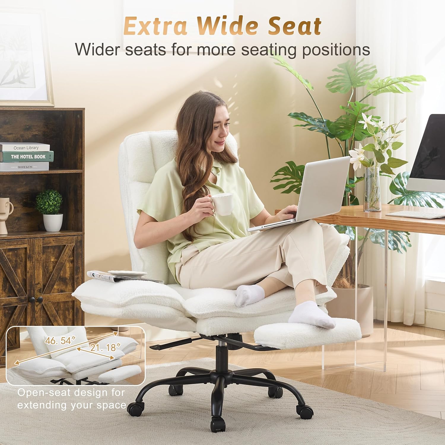Office Chair,Big and Tall Heavy-Duty Executive Reclining Computer Gaming Chair with Footrest,Flip Armrests,Lumbar Pillow&Thicken Wider Seat for Criss Cross Legged Desk Vanity Chair,Teddy Fabric White