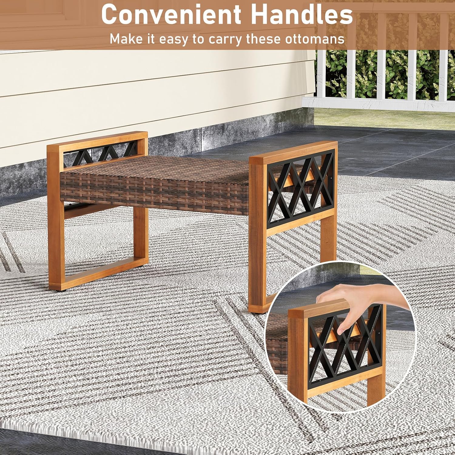 Tangkula Rattan Wicker Outdoor Ottoman Set of 2, Patio 3-in-1 Footstools with Removable Cushions, Additional Seating and Side Tables for Porch, Backyard & Poolside (Off White)