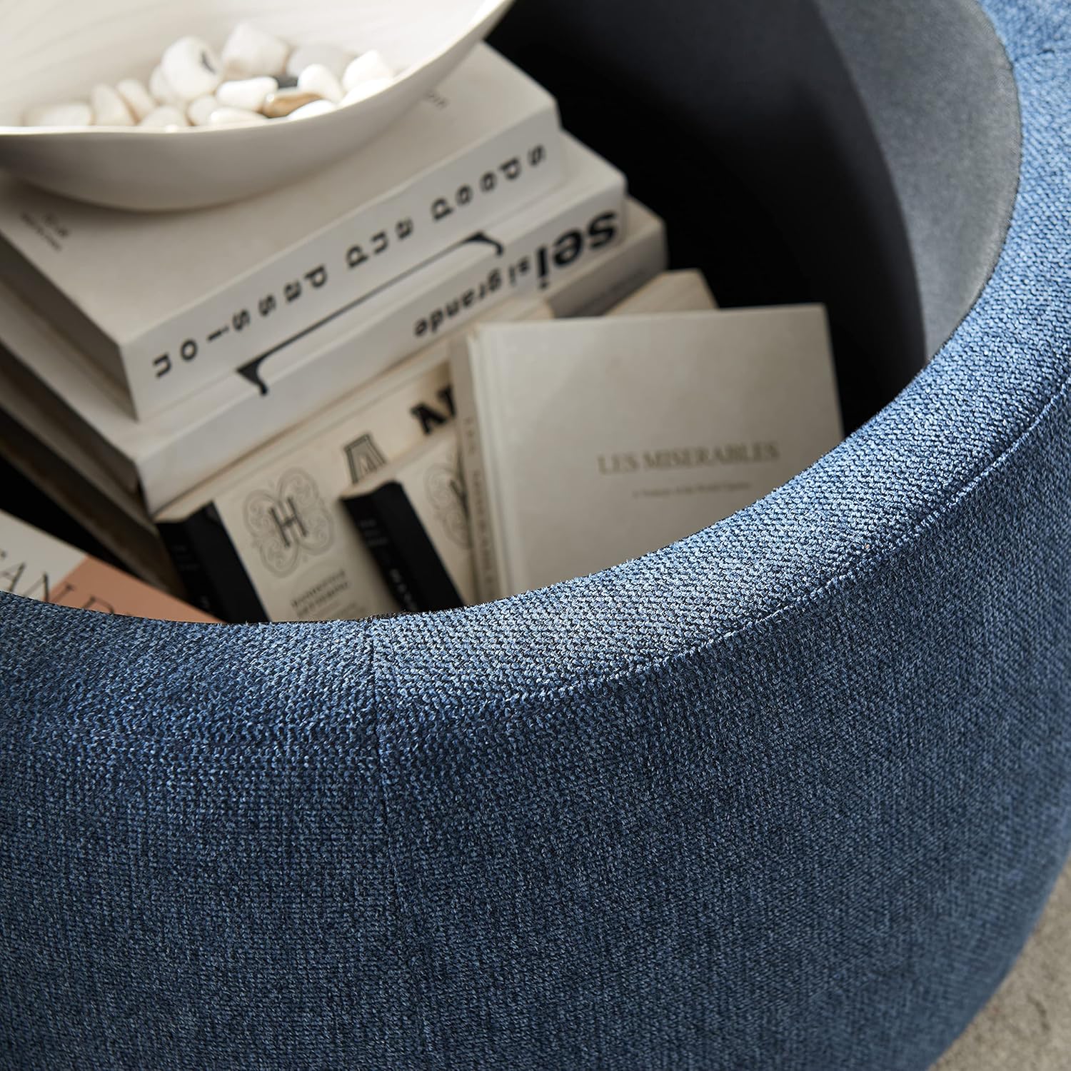 TTK Round Ottoman Coffee Table with Storage, 25.5" Large Circle Storage Ottoman with Tray, Modern Foot Stools Chenille Padded Bench Ottomans upholstered Coffee Tables for Living Room (Navy Blue)