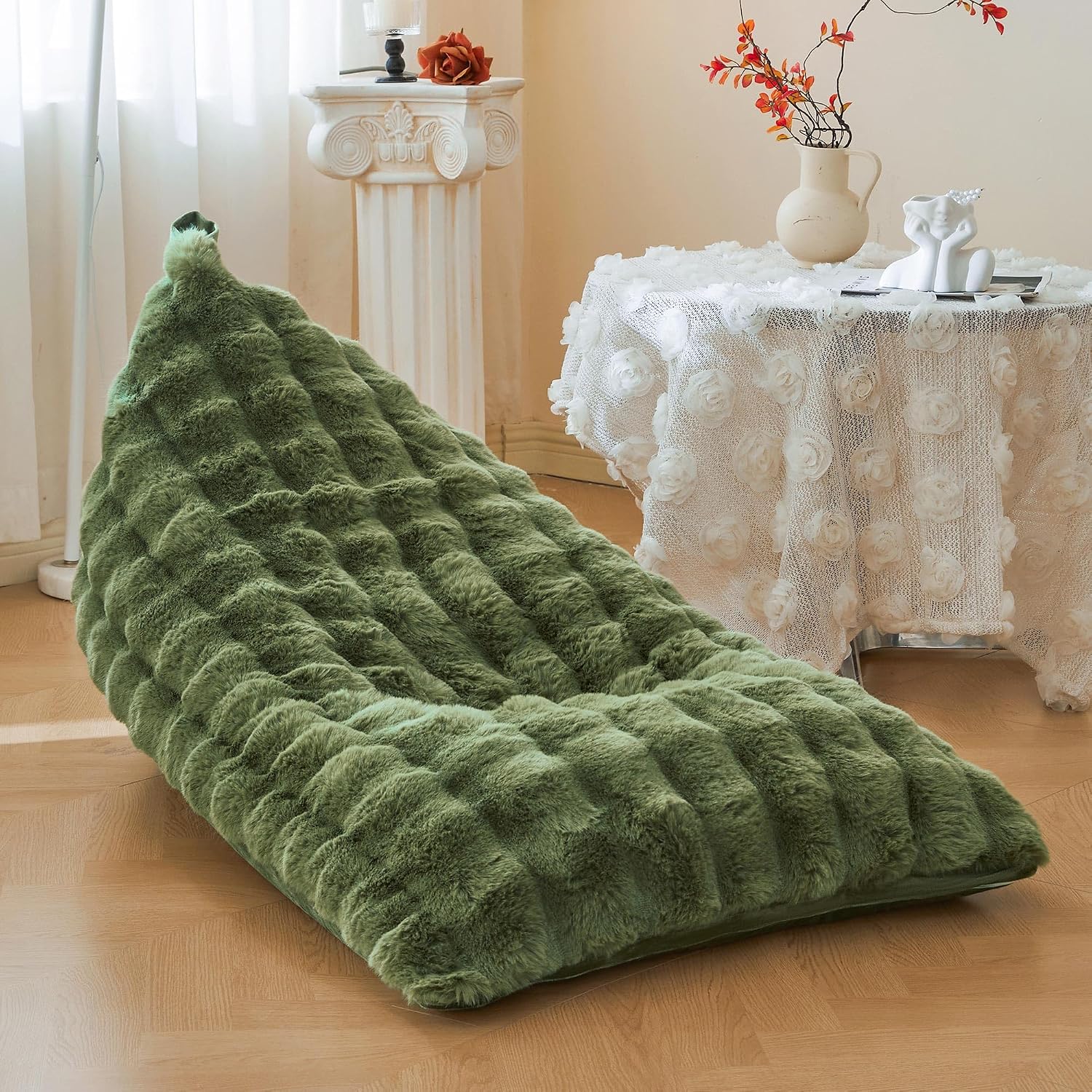 LIFEREVO Faux Rabbit Fur Stuffed Animal Bean Bag Storage (No Filler), Soft Waffle Bubble Beanbag Chair Cover for Kids Teens, Furry Floor Lounger Plush Toys Organizer Living Room Bedroom, Sage Green