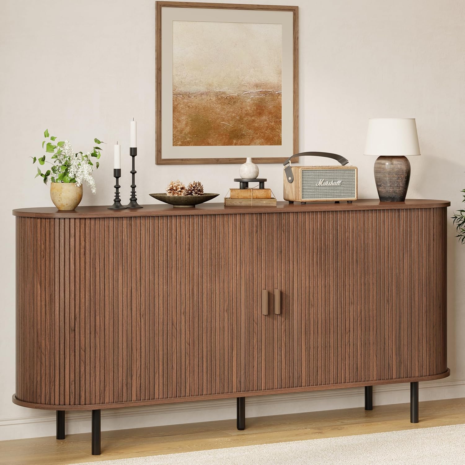 Buffet Sideboard Cabinet with Storage, 63" Fluted Cabinet with Sliding Door & Adjustable Shelf, Modern Accent Coffee Bar Console Table for Kitchen, Entryway, Walnut