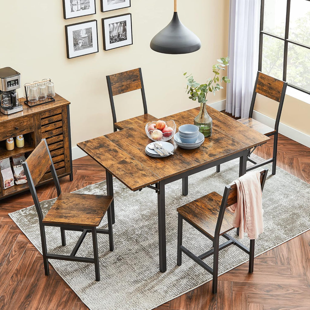 VASAGLE Extendable Dining Set, Dining Table with 2 Chairs, for Kitchen, 33.3-47.3 Inches Wide, Steel Frame, Rustic Brown and Ink Black LDC092B01V1-03