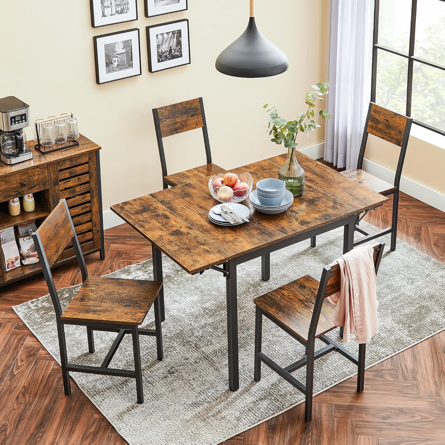 VASAGLE Extendable Dining Set, Dining Table with 2 Chairs, for Kitchen, 33.3-47.3 Inches Wide, Steel Frame, Rustic Brown and Ink Black LDC092B01V1-03