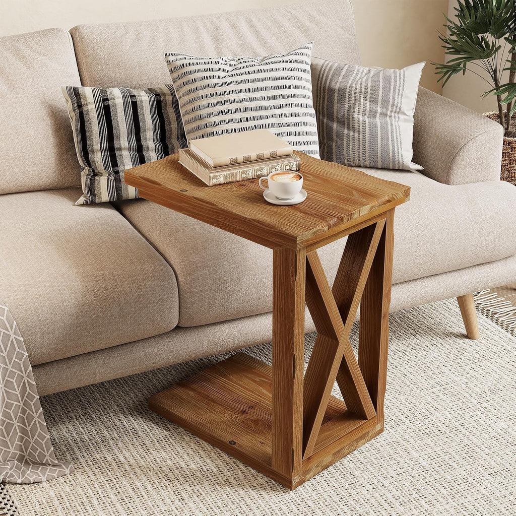 LITTLE TREE Solid Wood End Table, 2-Tier C Shaped Side Table with Open Storage Shelf, Solid Wood Sofa Side Table Accent Table for Living Room, Simple Nightstand Bedside Table for Bedroom, Brown