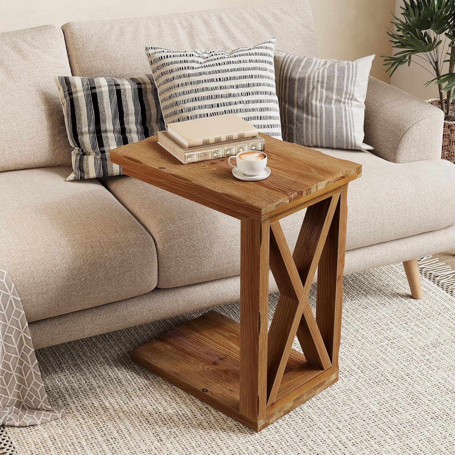 LITTLE TREE Solid Wood End Table, 2-Tier C Shaped Side Table with Open Storage Shelf, Solid Wood Sofa Side Table Accent Table for Living Room, Simple Nightstand Bedside Table for Bedroom, Brown