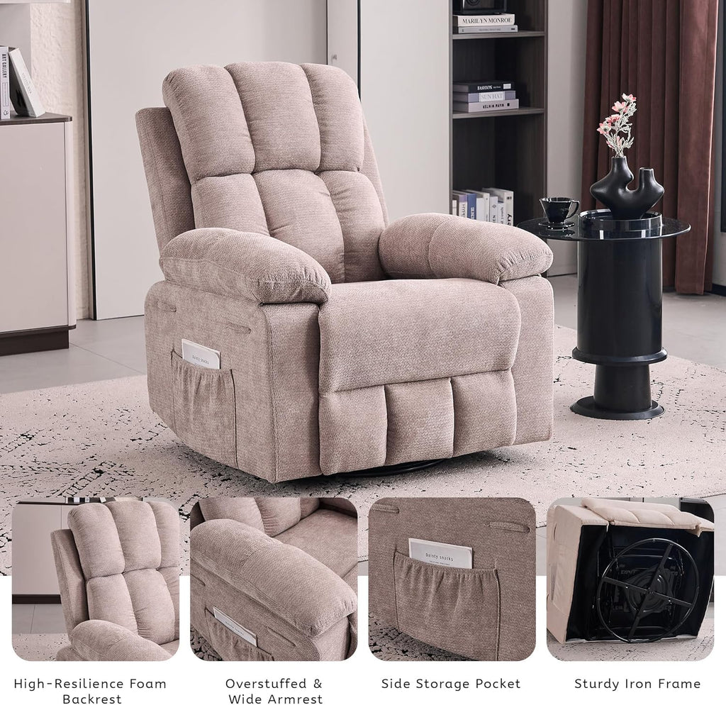 Recliner Chair for Adults, 360°Swivel Rocker Chair for Living Room, Upholstered Manual Recliner with Chenille Fabric, Nursery Rocking Chair for Bedroom, Apartment (Khaki)