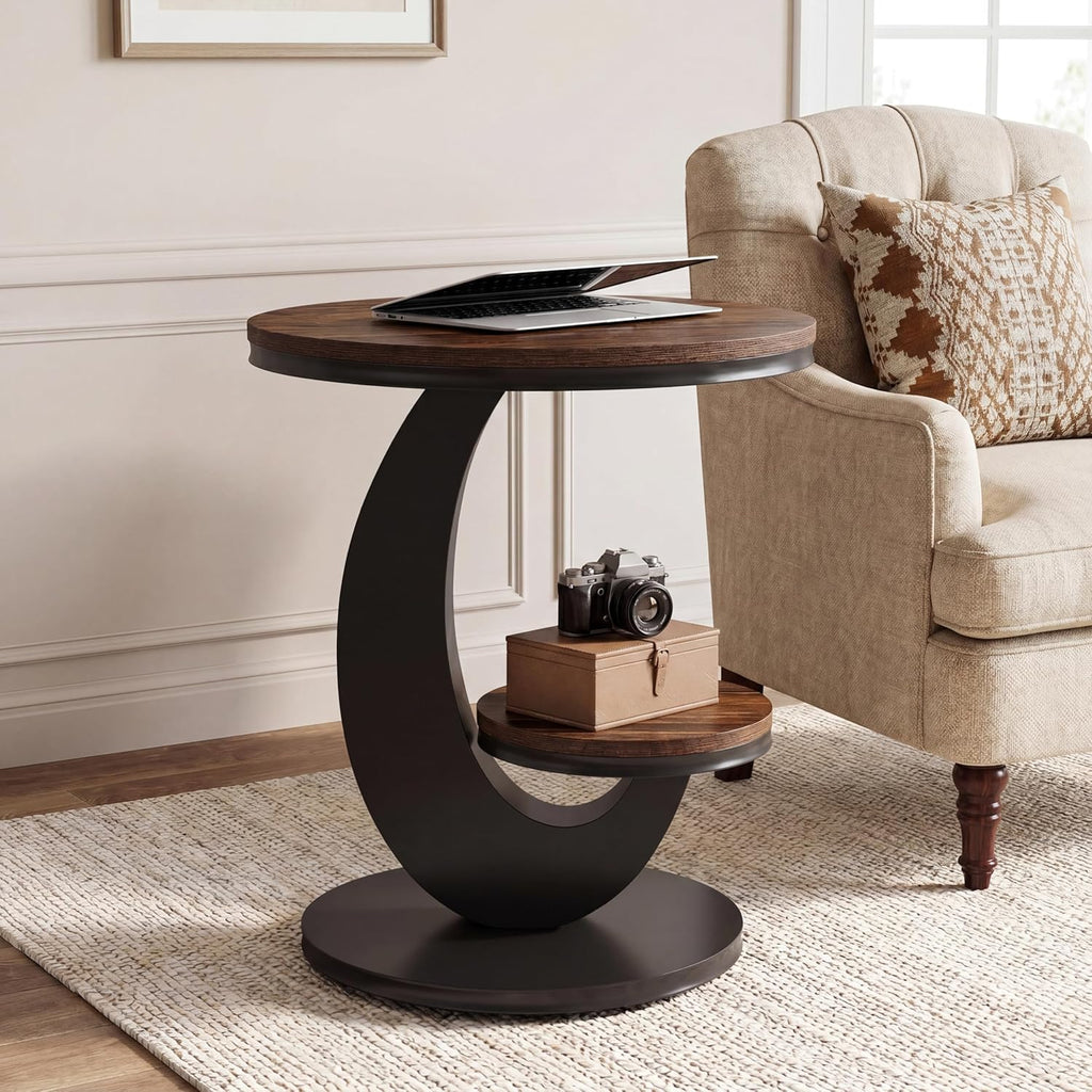 Tribesigns Round End Table with 2-Tier Shelf Storage,C Shaped Wood Side Table for Couch with Metal Frame,Modern Nightstand Accent Table for Living Room,Bedroom,Small Space (Brown)