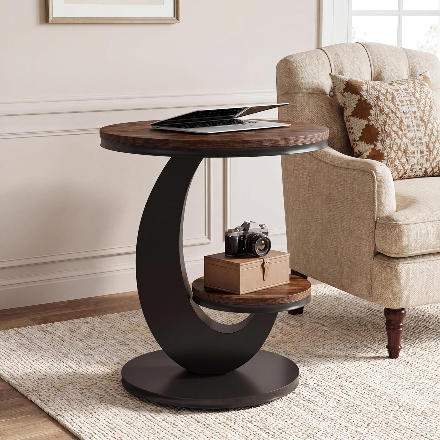 Tribesigns Round End Table with 2-Tier Shelf Storage,C Shaped Wood Side Table for Couch with Metal Frame,Modern Nightstand Accent Table for Living Room,Bedroom,Small Space (Brown)