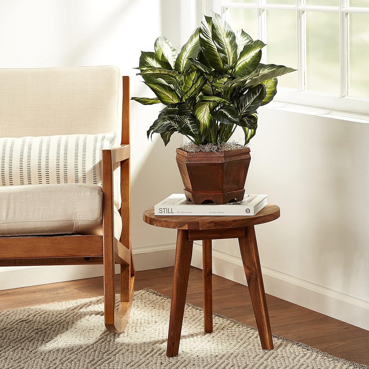 Nearly Natural 22IN Artificial Triple Golden Dieffenbachia Plant with Decorative Wood Planter, Faux Plant for Indoor Home Décor