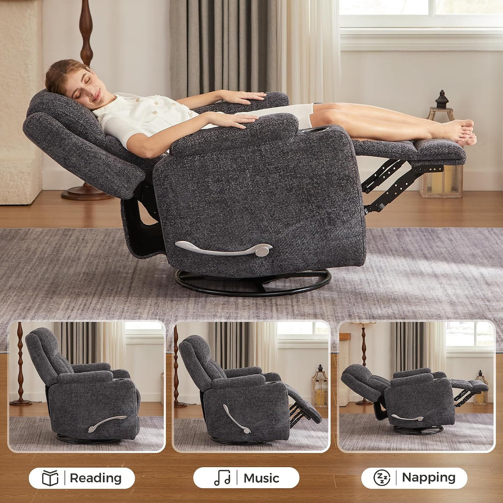 Swivel Rocker Recliner Chair with Dual Cup Holders, 360° Glider Rocking Nursery Armchair, Overstuffed Ergonomic Chenille Reclining Sofa for Living Room, Theater, Gaming, 360 lbs Capacity, Dark Grey