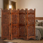 Lightnpro 4 Panel Royal Octagon Wooden Room Divider 64"(W) x 48"(H) Handmade Heart Design Partition, Intricately Carved, Hinged & Foldable, Pre-Assembled Privacy Screen Burnt Finish