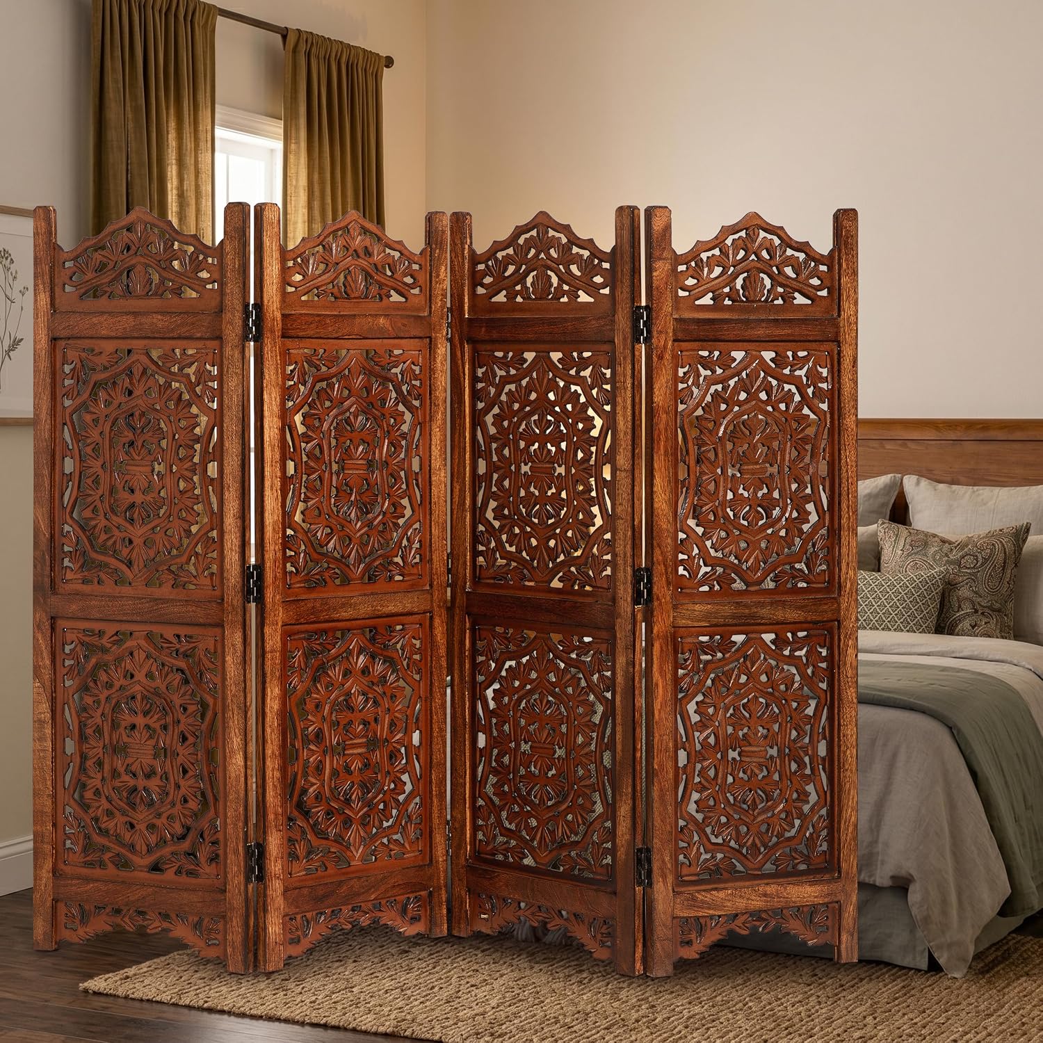 Lightnpro 4 Panel Royal Octagon Wooden Room Divider 64"(W) x 48"(H) Handmade Heart Design Partition, Intricately Carved, Hinged & Foldable, Pre-Assembled Privacy Screen Burnt Finish