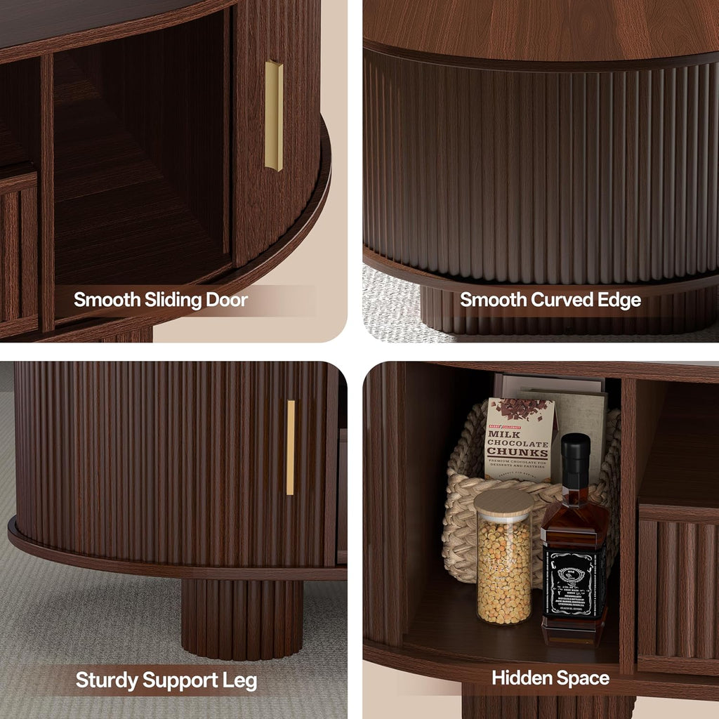 55.1" Oval Coffee Tables with Storage,Fluted Mid Century Modern Center Table with Drawer,Accent Coffee Table with Sliding Door for Living Room Small Space (Walnut)