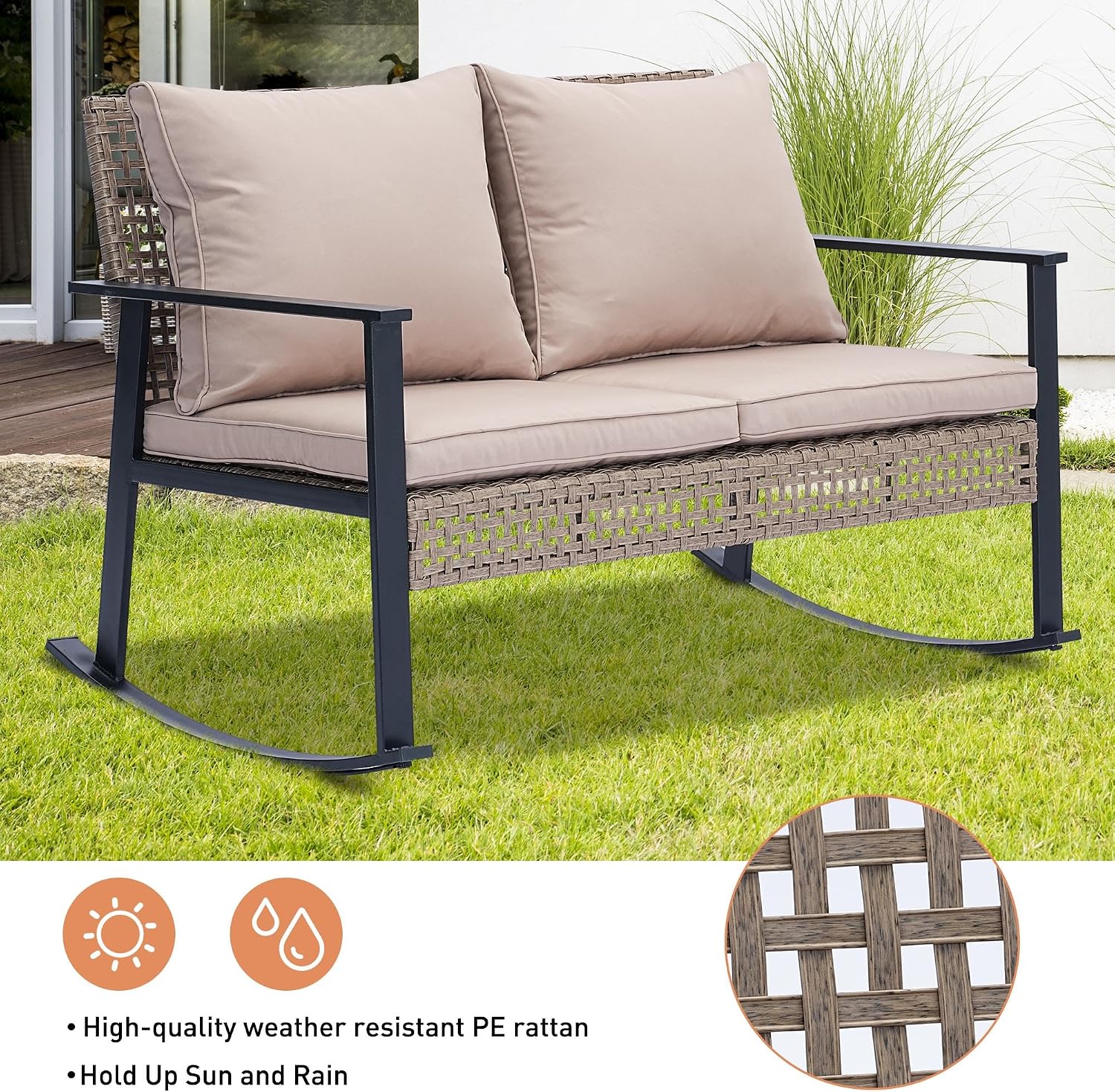 GDY Outdoor Wicker Loveseat Rocking Chair, Patio Outdoor Furniture Conversation Sets, Rattan Rocker Chair with Cushions, Modern Cozy Rocking Wicker Furniture for Garden, Porch, Poolside & Deck, Khaki.