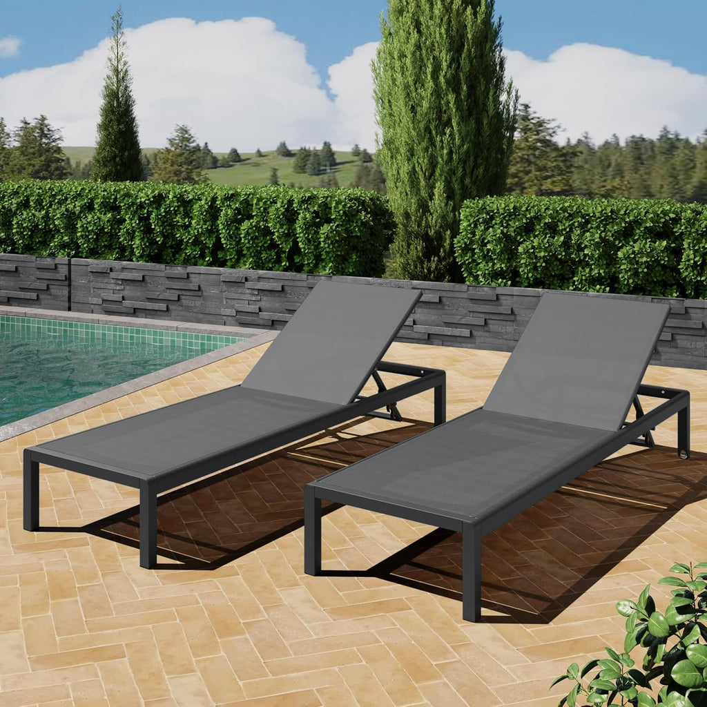 Outdoor Chaise Lounge Chair Set of 2, Aluminum Adjustable Outside Chair for Pool Patio Beach Yard, All Weather Use UV Resistant 400lbs Weight Capacity, Black
