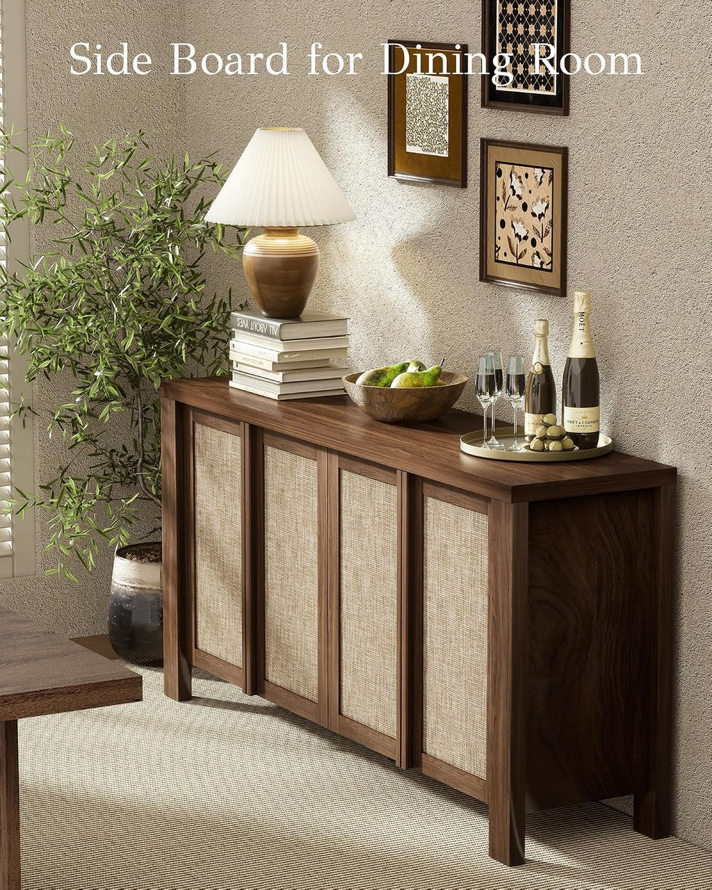 Yechen Buffet Cabinet with Storage, 63" Wide Sideboard with Solid Wood Handles and Rattan Look Accent Doors, Flexible Shelves, for Living Room, Kitchen, Dark Walnut