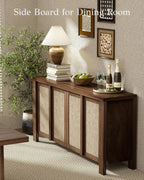 Yechen Buffet Cabinet with Storage, 63" Wide Sideboard with Solid Wood Handles and Rattan Look Accent Doors, Flexible Shelves, for Living Room, Kitchen, Dark Walnut