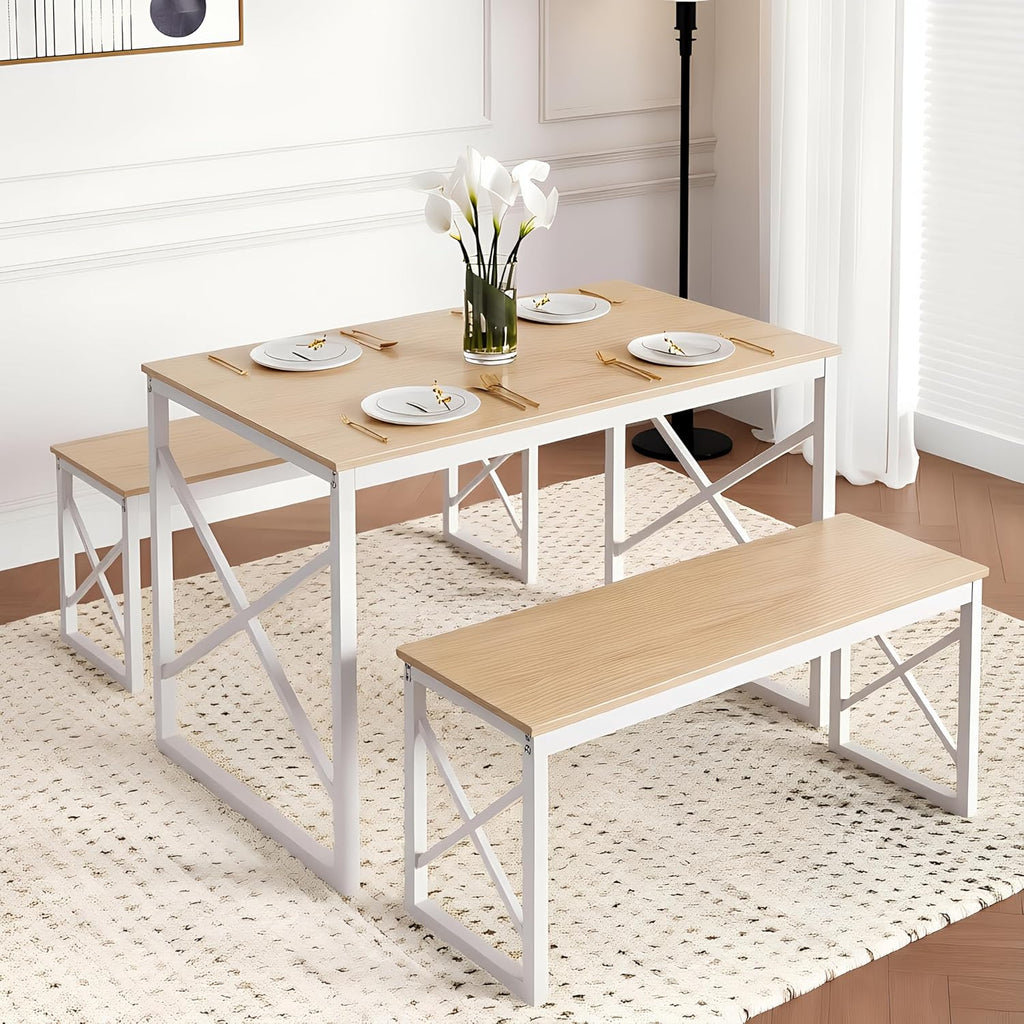VECELO 43.3" Kitchen Dining Table Set for 4, Heavy-Duty Steel Frame & Wood-Grain Tabletop, Space-Saving Dinette Sets with 2 Benches for Breakfast Nook and Small Space, Natural