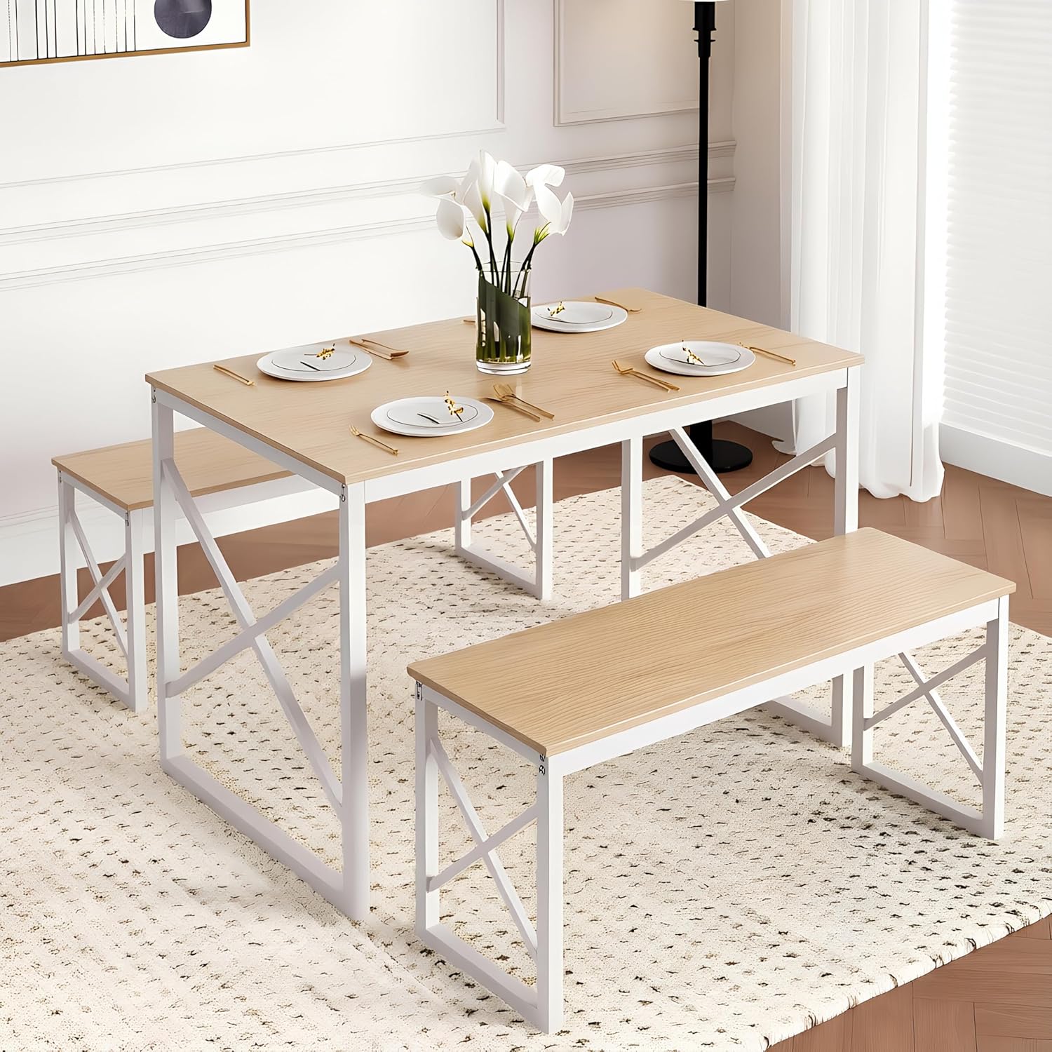 VECELO 43.3" Kitchen Dining Table Set for 4, Heavy-Duty Steel Frame & Wood-Grain Tabletop, Space-Saving Dinette Sets with 2 Benches for Breakfast Nook and Small Space, Natural