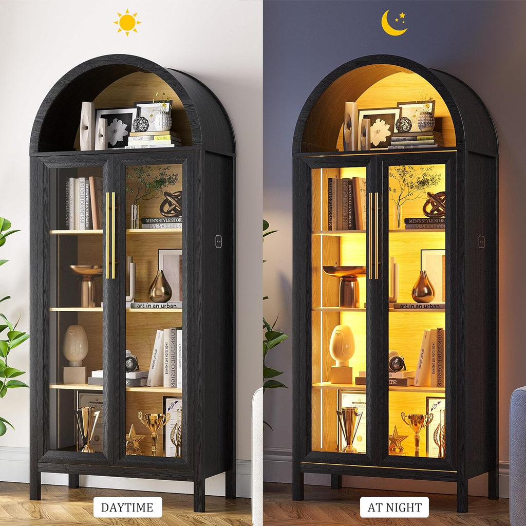 Dystler Display Cabinet with Glass Doors, 5-Tier Tall Curio Cabinet with LED Lights Display Case for Collectibles, Black