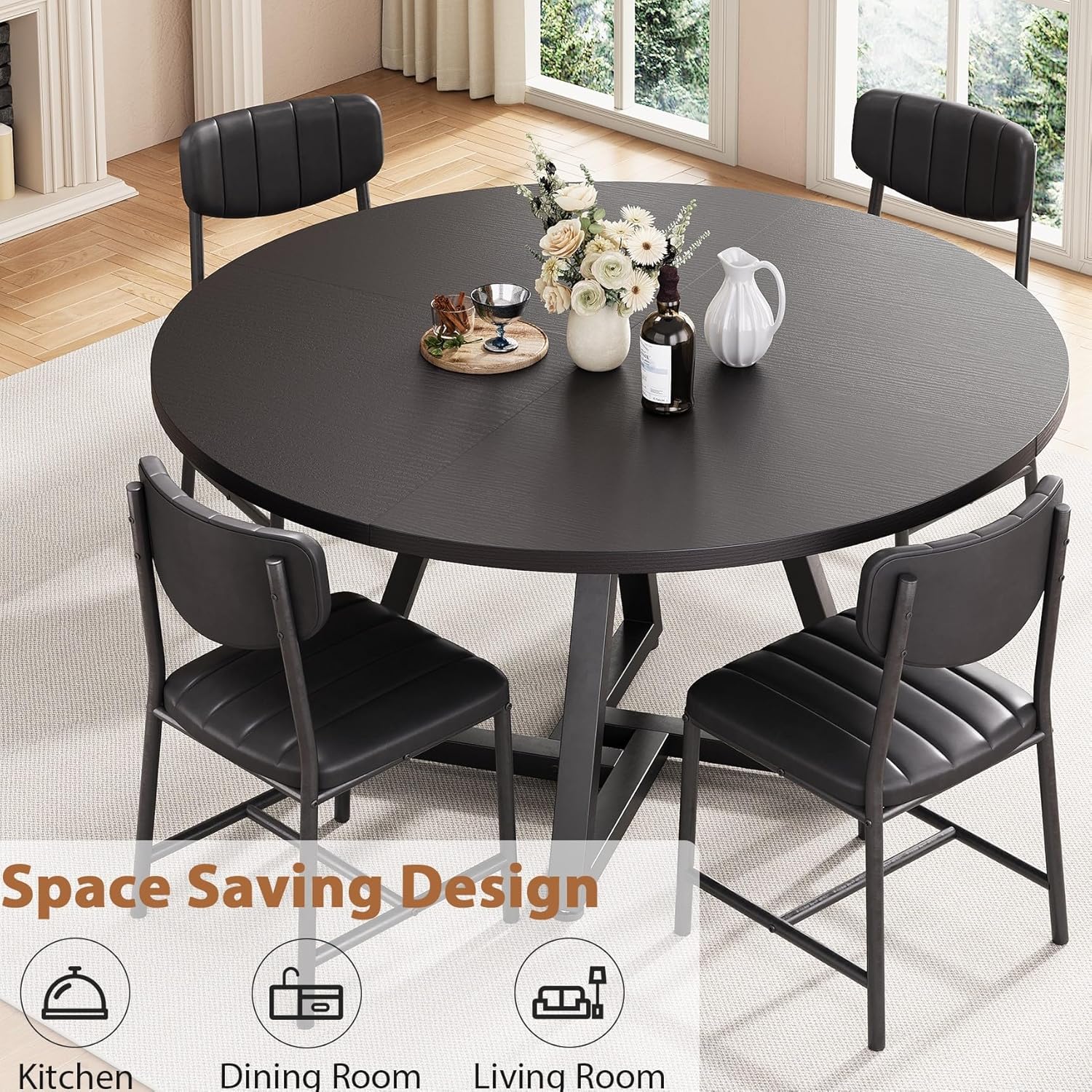 Jocoevol Round Dining Table Kitchen Dining Room Circle Dinner Pedestal Table for 4, Space Saving Wood Kitchen & Dining Room Furniture (Black)