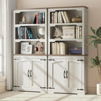 70 Inches Farmhouse Bookcase Bookshelf, Two-Tone Shelves, 5 Tier Bookshelf with Door Storage Arched Trim, Home Office Living Room Storage Cabinet (Distressed White & Walnut, Doors Storage)