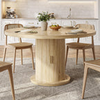 Round Dining Table for 4-6, 43.3" Modern Farmhouse Kitchen Table with Hidden Storage & Tambour Door, Japandi Style Wood Pedestal Circle Table for Small Spaces, Apartment, Dining Room, Classic Oak