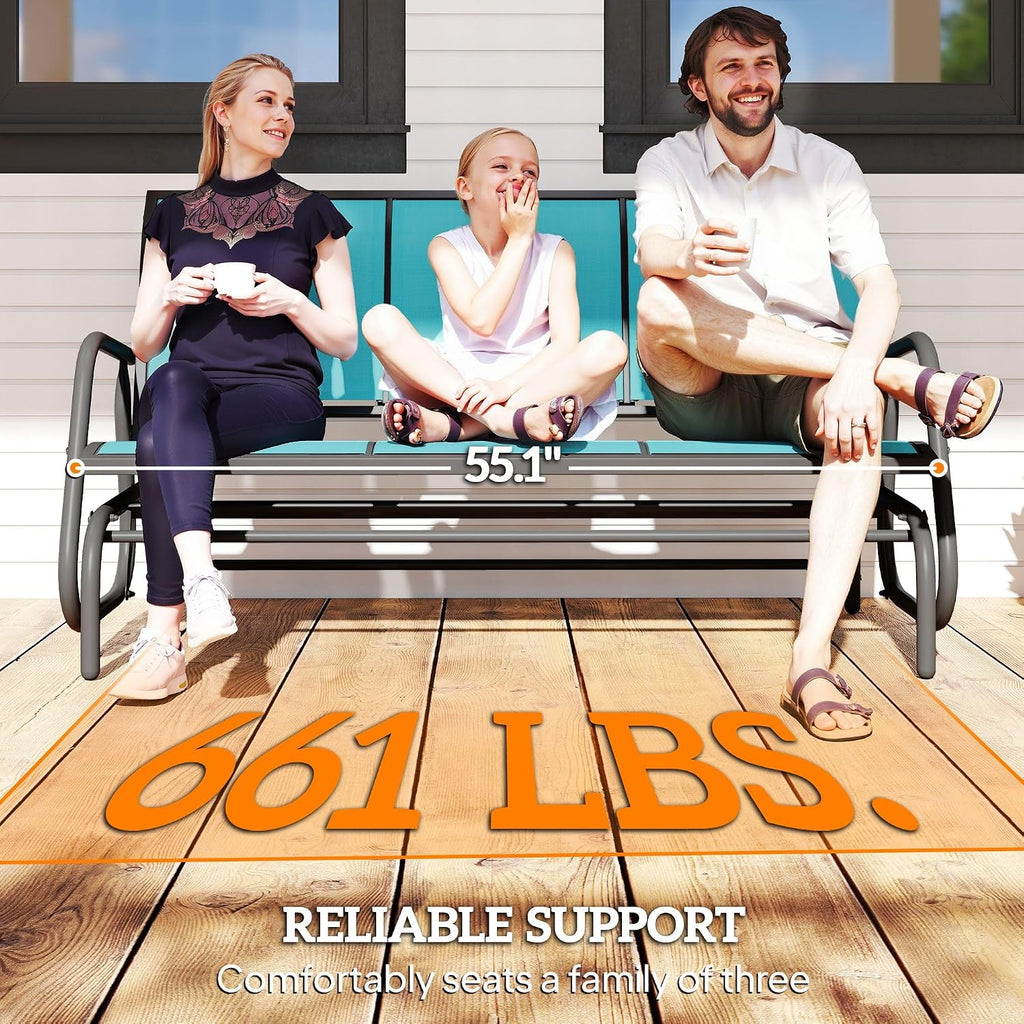 3-Person Outdoor Glider Bench – 660lb Weight Capacity, 57.9x27.6x33.5in Dimensions, Mesh Seat & Back, Blue Metal Construction