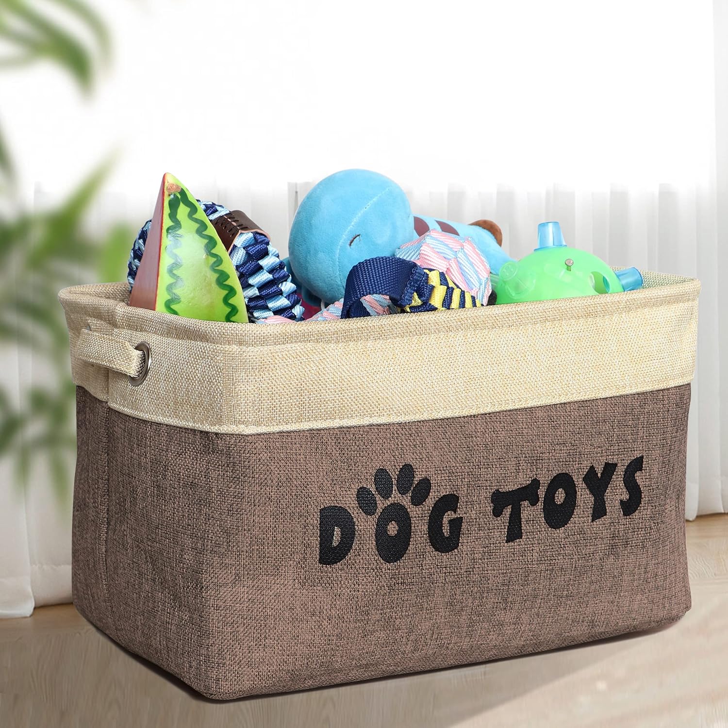 PET ARTIST Dog Toy Basket, Collapsible Dog Toy Bin Box, Large Pet Toy Storage Organizer with Comfortable Handles for Accessories, Toys, Coat & Clothing, Blanket & Leash, Brown-1, 15"x11"x9"