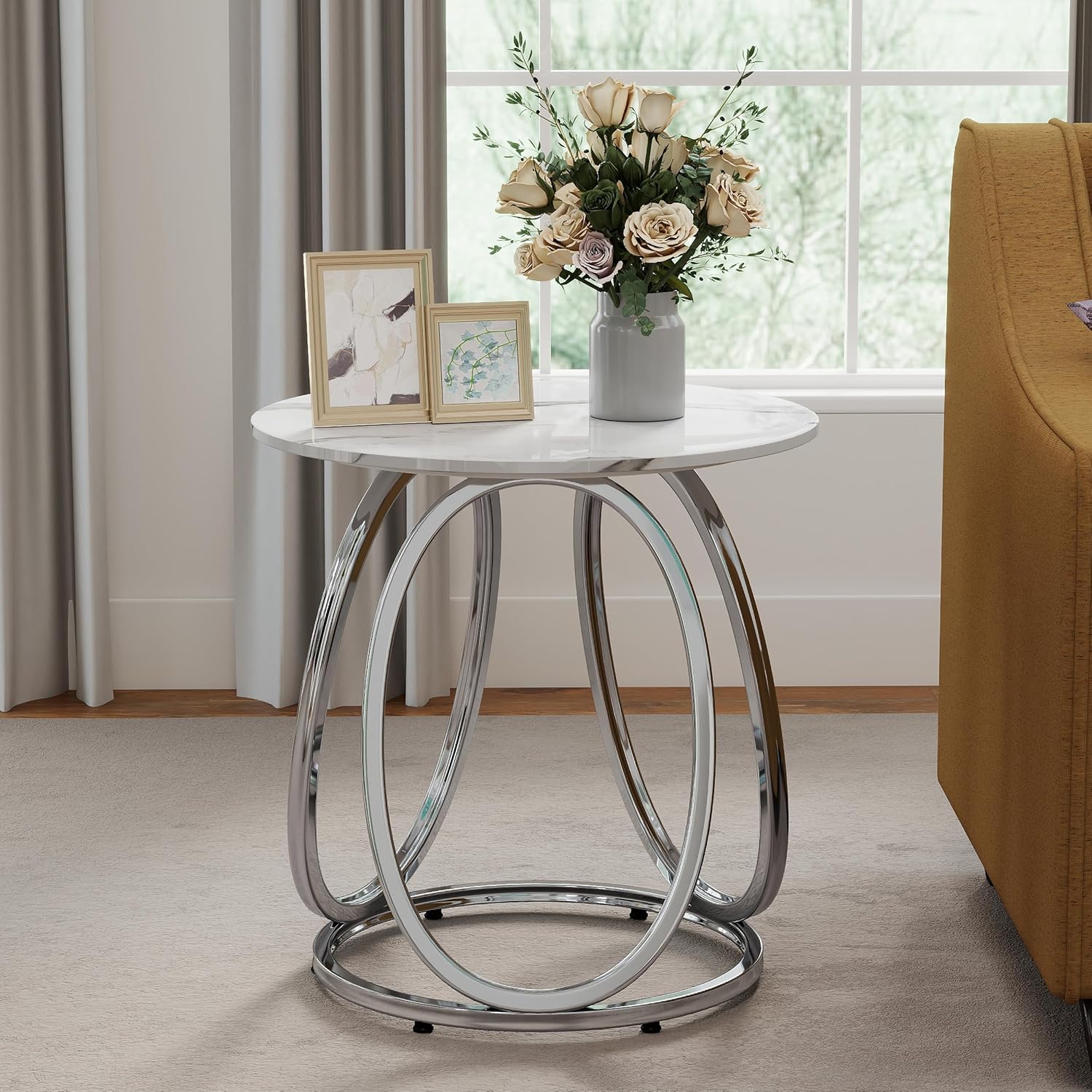 O&K FURNITURE Silver End Table, Round Side Table with Faux Marble Veins, Modern Nightstand for Bedroom, Living Room, Home Office, 1PC