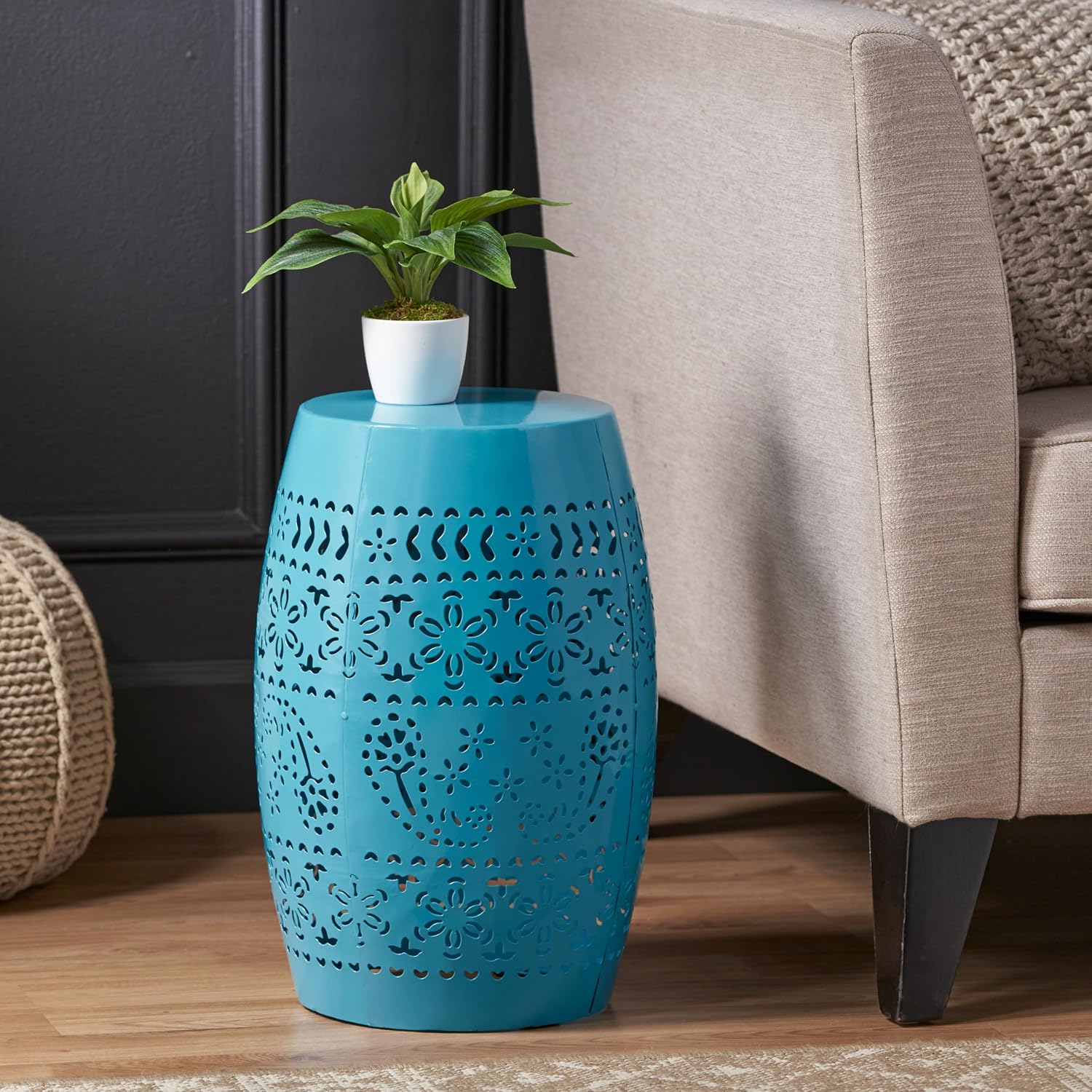 12.25" Side Table, Lace Cut Metal End Table for Outdoor & Indoor Use, Barrel Shape Accent Table for Garden, Patio, Living Room, Backyard Decor,No Assembly Needed,Blue