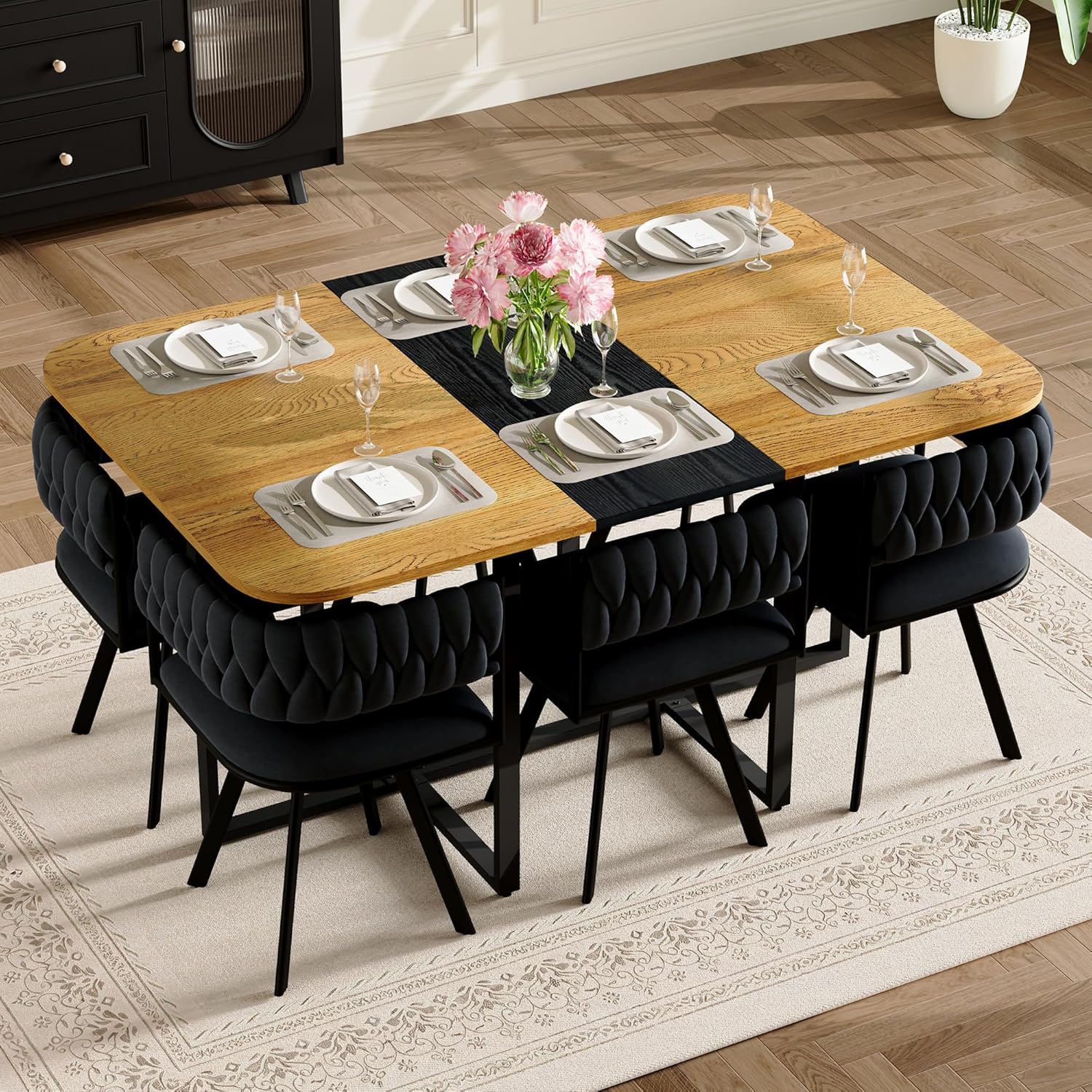 dining room table set for 6, 7-Piece Modern Kitchen & Living Room Set, 59" Space-Saving Two-Tone Wood Grain Rectangular Table with 6 PU Leather Chairs, Metal Frame for Apartment & Small Spaces