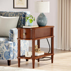 Nightstand with Charging Station & Drawer, Pre-Assembled Vintage Side Table with Shelf, Rustic Wood Finish Narrow End Table with Turned Legs for Bedroom Living Room, Caramel Walnut Brown, 2Pcs