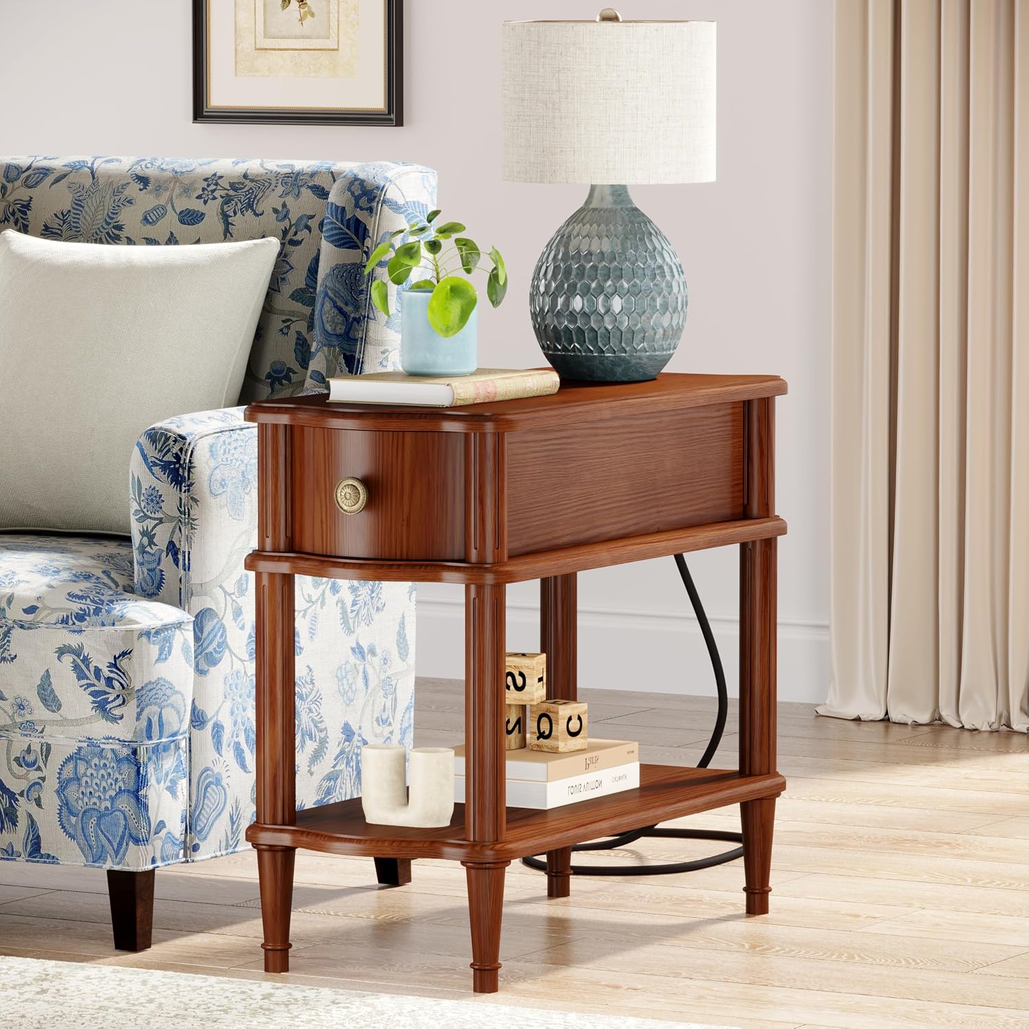 Nightstand with Charging Station & Drawer, Pre-Assembled Vintage Side Table with Shelf, Rustic Wood Finish Narrow End Table with Turned Legs for Bedroom Living Room, Caramel Walnut Brown, 2Pcs