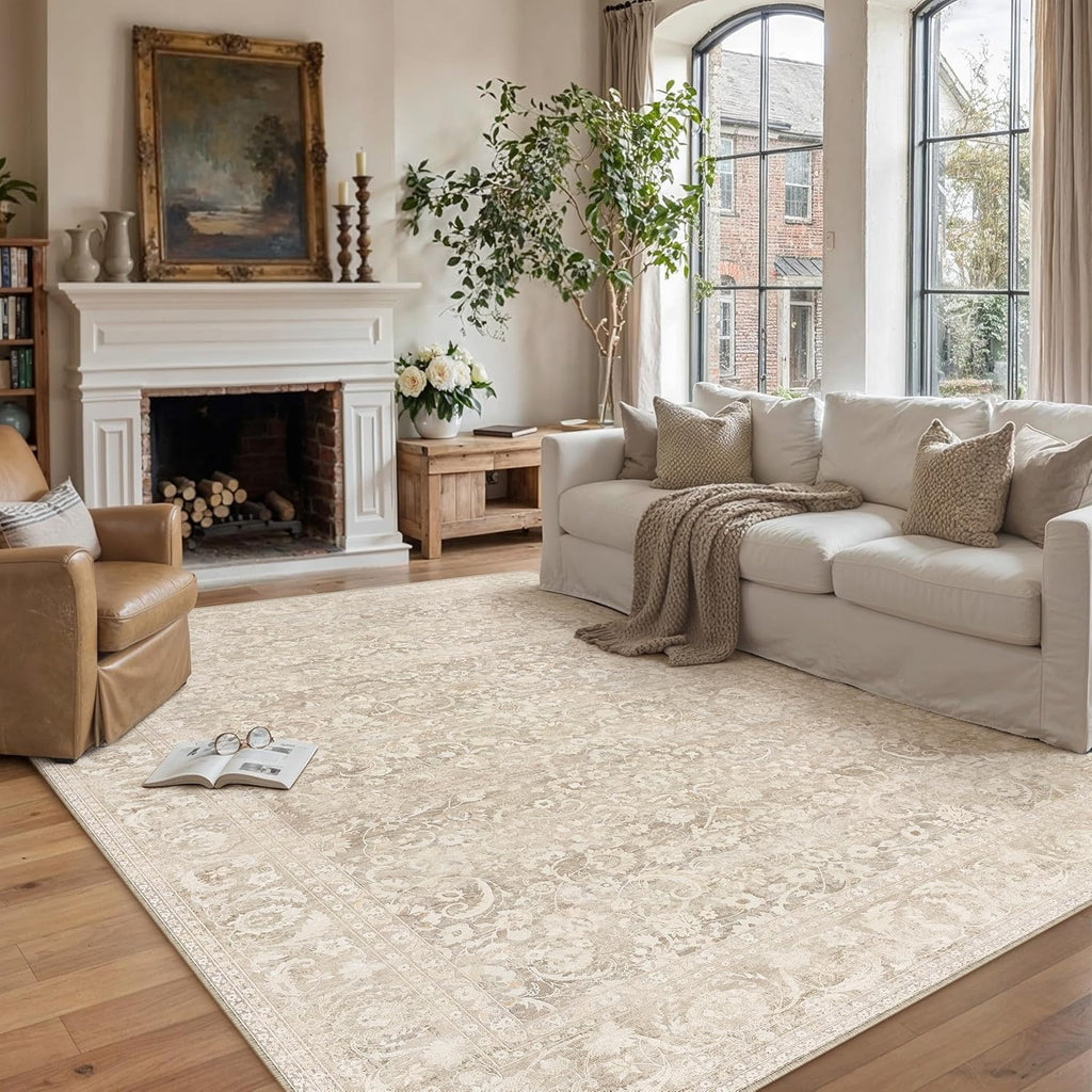 8x10 Area Rug for Living Room, Ultra Soft Washable Rugs for Bedroom, Non-Slip Indoor Large Carpet, Low-Pile Floral Accent Rug for Dining Room, Office & Home Decor Beige