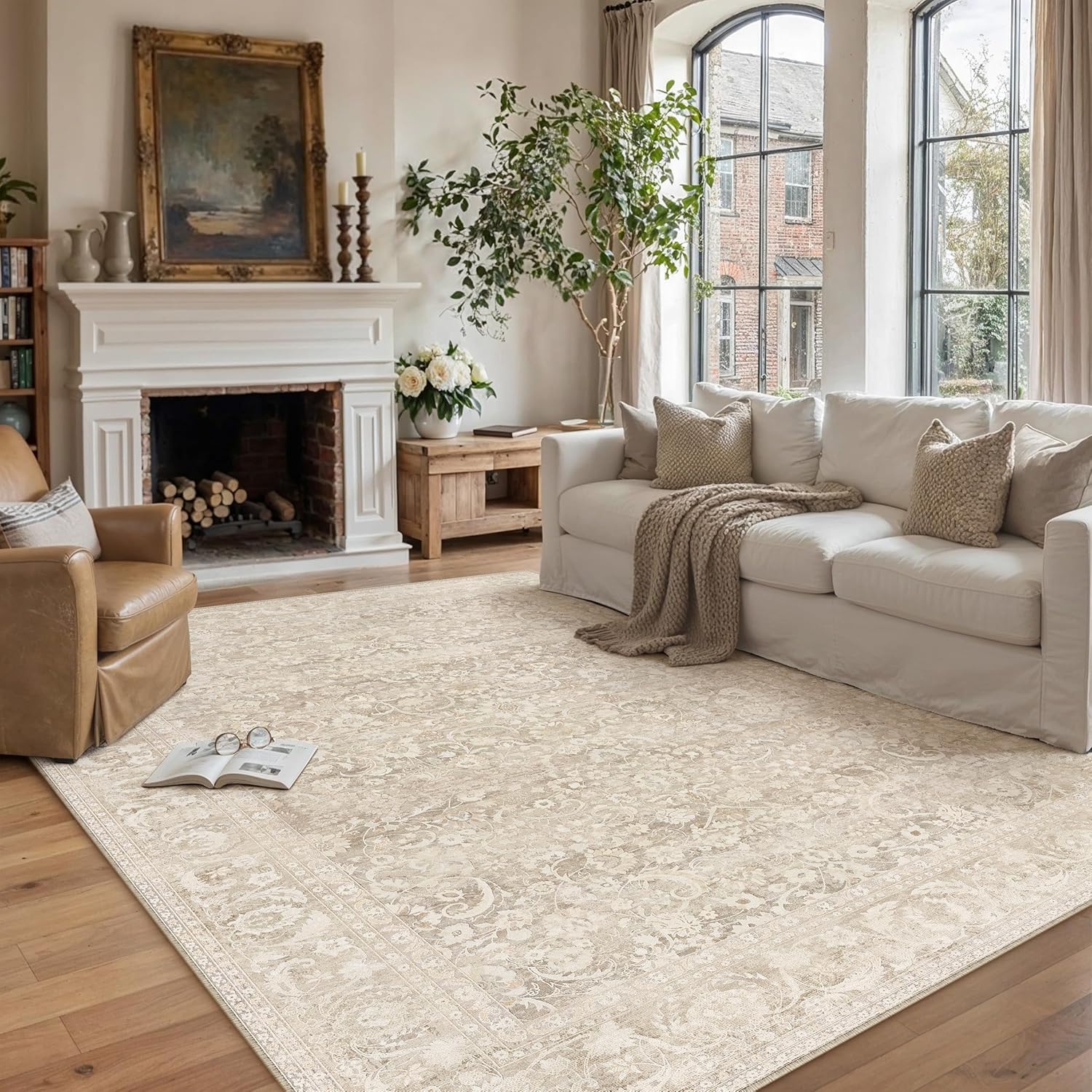 8x10 Area Rug for Living Room, Ultra Soft Washable Rugs for Bedroom, Non-Slip Indoor Large Carpet, Low-Pile Floral Accent Rug for Dining Room, Office & Home Decor Beige